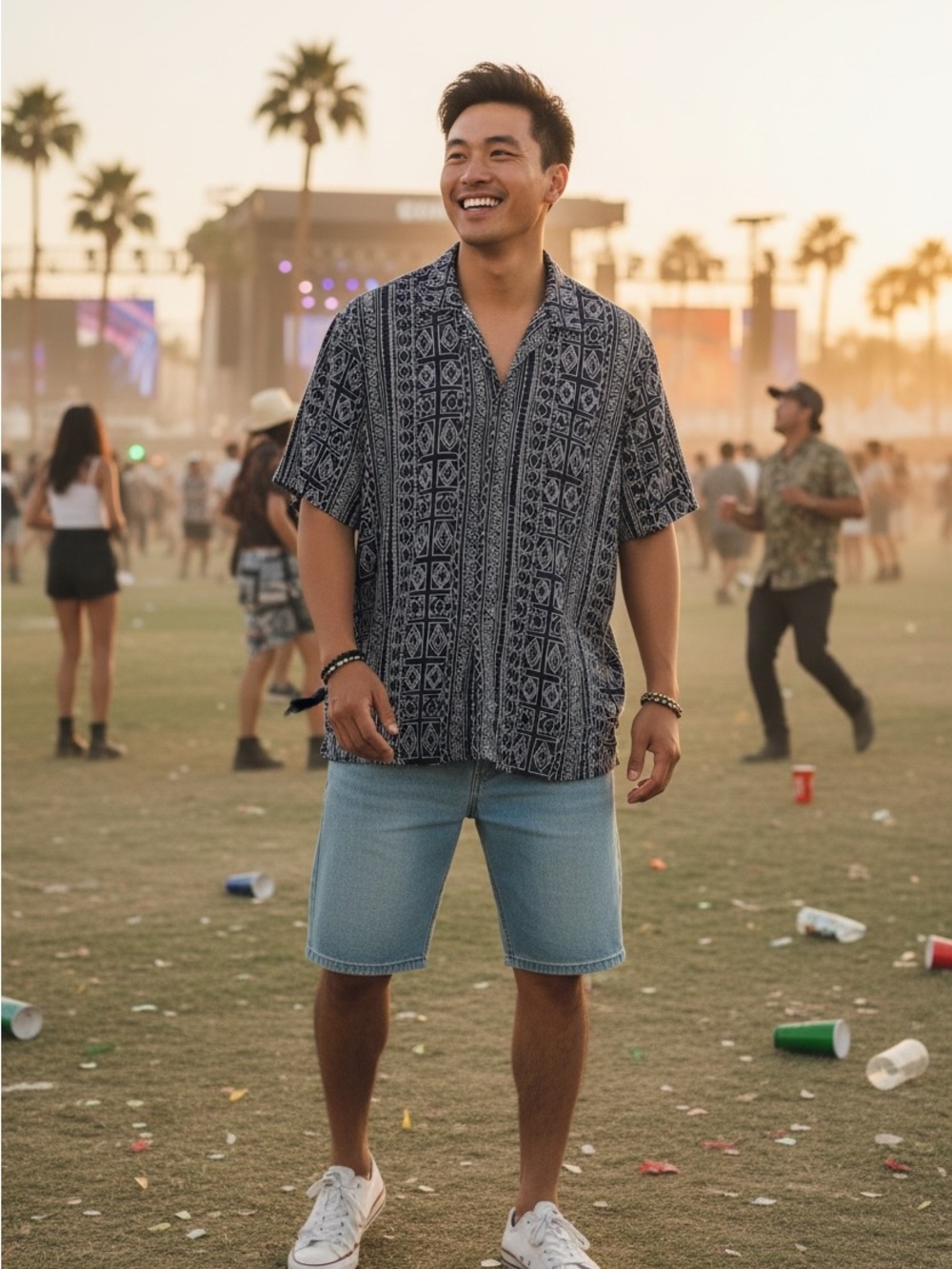 H&M Coachella Festival Preppy Navy and White Geometric Short Sleeve Shirt XL